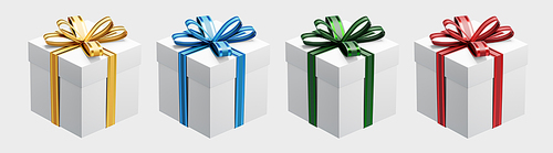 3d rendering of four white gift boxes with gold, blue, green and red ribbons, perfect for christmas or birthday