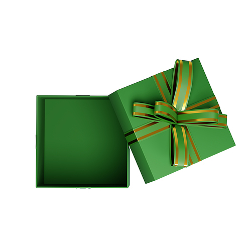 Open green gift box with golden ribbon showing an empty interior, perfect for christmas or any special occasion.3d rendering