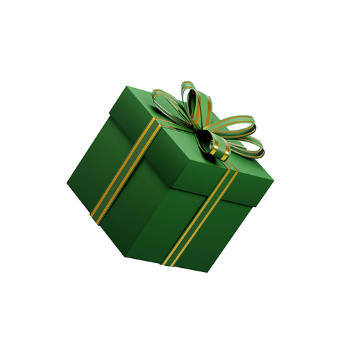 3d rendering of a green christmas gift box floating with a gold ribbon bow on a white background, perfect for holiday season promotions and marketing campaigns