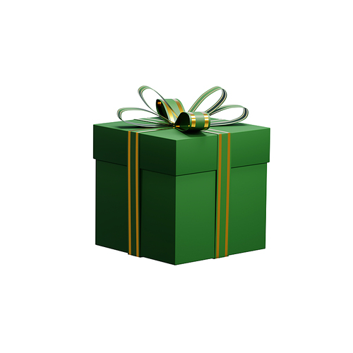 3d rendering of a green christmas gift box with golden ribbon, isolated on white background