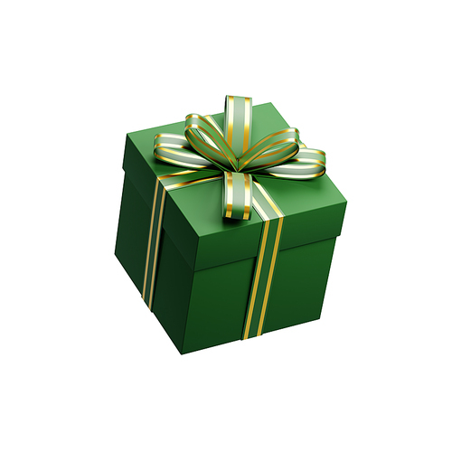 3d rendering of a green gift box with a golden ribbon, perfect for christmas projects