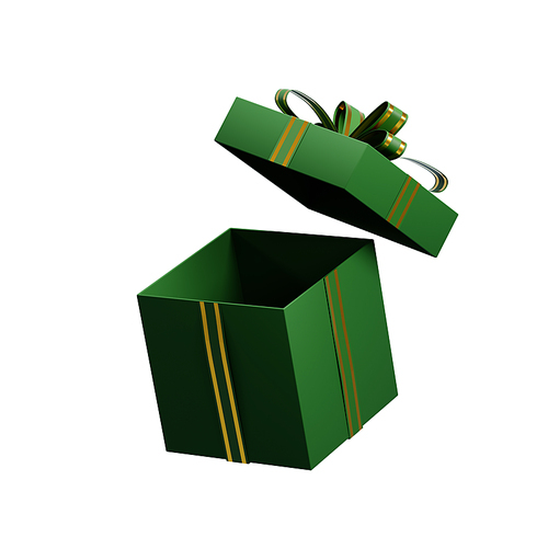 3d rendering of an open green christmas gift box with a golden ribbon, floating on a white background