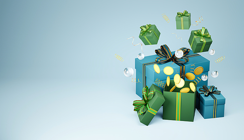 3d rendering of christmas gift boxes opening, revealing golden coins and festive surprise, against a light blue background