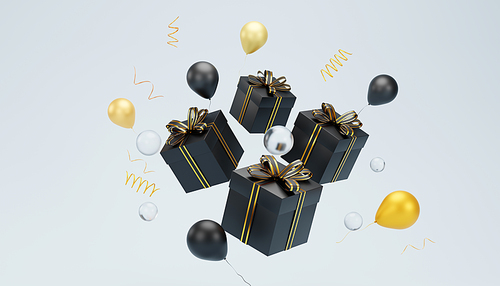 3d rendering of black gift boxes with gold ribbons floating with black and gold balloons on a light blue background, creating a festive christmas atmosphere