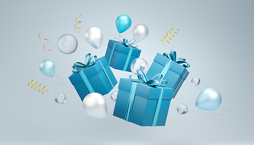 3d rendering of christmas gift boxes floating with balloons and serpentine streamers on a light blue background, creating a festive holiday atmosphere