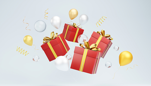 3d rendering of red gift boxes with golden ribbons and colorful balloons floating on a light blue background, perfect for christmas or birthday celebrations