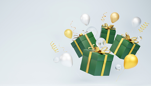 3d rendering of green gift boxes with gold ribbons floating among gold and silver balloons, streamers, and transparent spheres on a light blue background, creating a festive christmas atmosphere