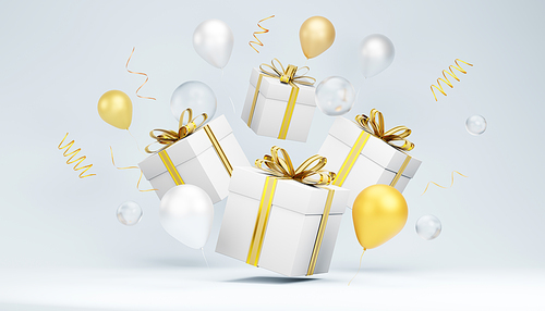 3d rendering of festive white gift boxes with gold ribbons floating among gold and white balloons and confetti on a light blue background, creating a celebratory christmas atmosphere