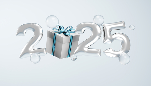 3d rendering of silver balloons forming the number 2025 with christmas gift and bubbles floating on light blue background