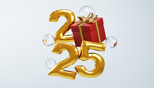 3d rendering of golden balloons forming the number 2025 with christmas gift and bubbles floating in the air, celebrating christmas and new year