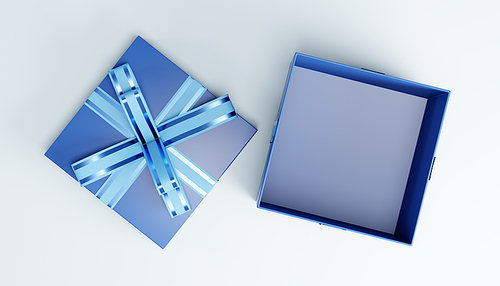 3d rendering of an open blue christmas gift box with a light blue ribbon on a white background, perfect for holiday greetings or advertising campaigns