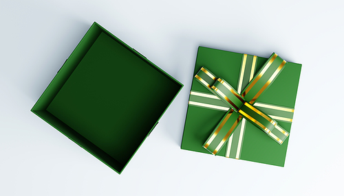 3d rendering of an open green christmas gift box with golden ribbon on a white background