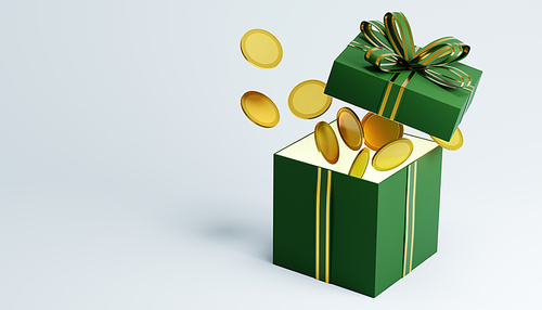 Green christmas gift box with golden ribbon is revealing golden coins, 3d rendering