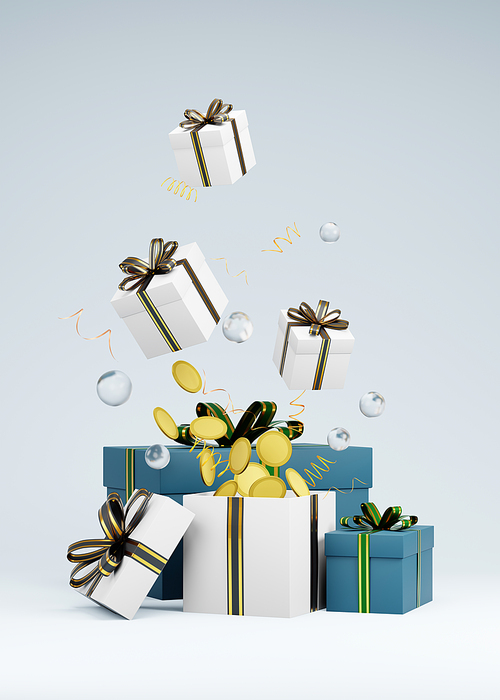 3d rendering of christmas gift boxes opening, revealing golden coins, ribbons, and festive decorations against a light blue background