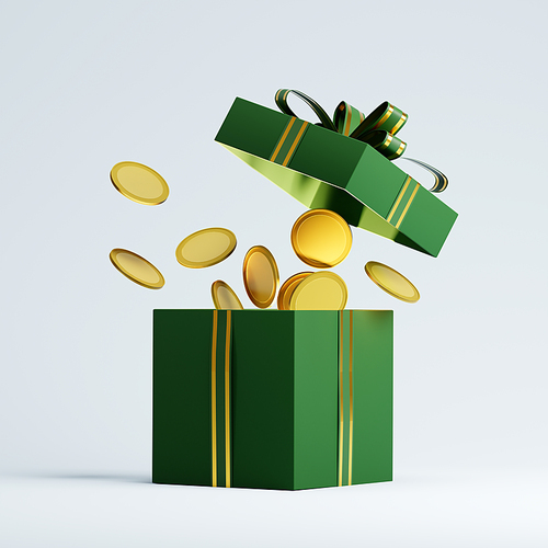 3d rendering of a green christmas gift box revealing golden coins, symbolizing prosperity and holiday bonuses