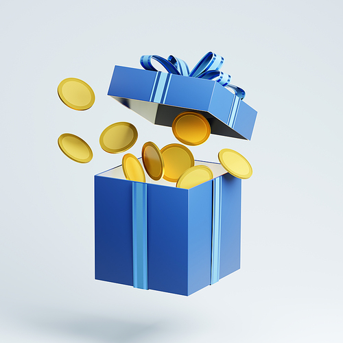 Blue christmas gift box with a light blue ribbon is pouring golden coins on a light blue background.3d rendering