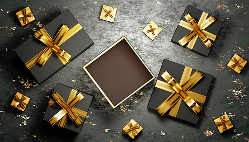 3d rendering of black gift boxes with golden ribbons on a dark background, perfect for christmas celebrations and festive occasions