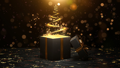 Magical christmas tree with a bright star appearing from a black open gift box with gold ribbon on a dark background with golden bokeh. 3d rendering