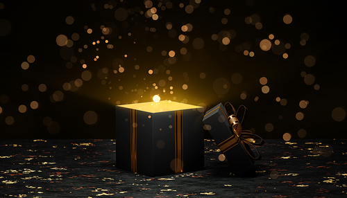 3d rendering of an open black gift box with a golden light inside, placed on a dark background with golden bokeh effect for christmas