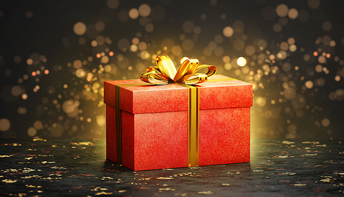 Red gift box with golden ribbon on dark background with glowing bokeh, perfect for christmas projects. 3d rendering