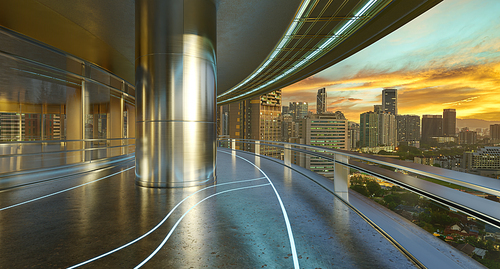 Panoramic view of futuristic curved shapes design metal facade office exterior with stunning sunrise city skyline. 3D rendering