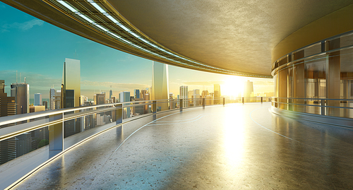 Panoramic view of futuristic curved shapes design metal facade office exterior with stunning sunrise city skyline. 3D rendering