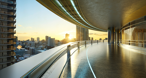 Panoramic view of futuristic curved shapes design metal facade office exterior with stunning sunrise city skyline. 3D rendering