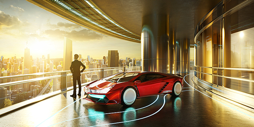 Businessman standing next to luxury sports car admiring amazing sunrise city skyline. 3D rendering