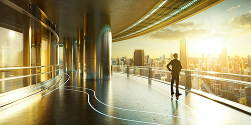 Businessman standing outside luxury office admiring stunning sunrise city skyline. 3D rendering