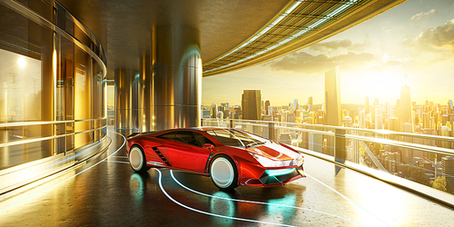 An unbranded luxury sports car is parked outside the office with stunning sunrise views of the city skyline. 3D rendering