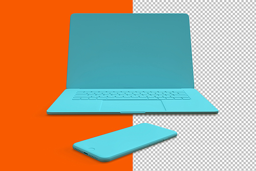 Minimalistic composition with teal laptop and smartphone on orange background