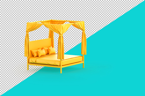 Minimalistic yellow bed with canopy on teal background. 3D Rendering