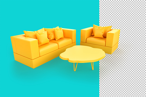 Minimalistic yellow sofa and chair over teal background. 3D illustration