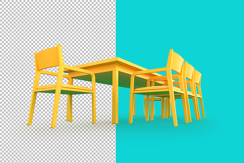 Minimalistic yellow dining table and set of chairs over teal background. 3D illustration