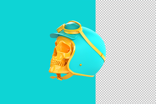 Skull wearing vintage motorcycle helmet. 3D illustration