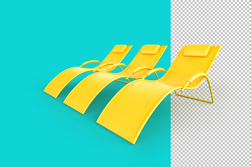 Three yellow sunbeds over teal background. 3D illustration