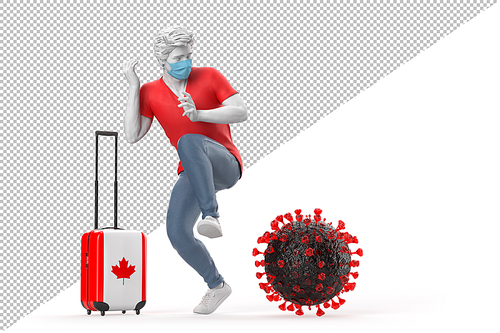 Tourist travelling to Canada scared by the virus molecule. Pandemic concept. 3D illustration