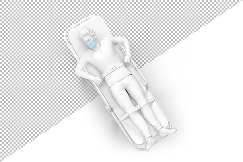 Overhead view of a patient in medical mask on an ambulance stretcher. 3D illustration. Isolated on white