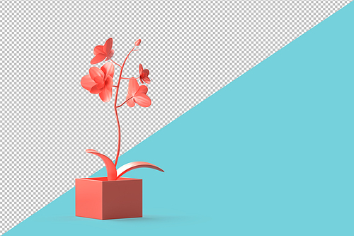 Abstract minimalistic pink flower in a pot over teal background. 3D illustration