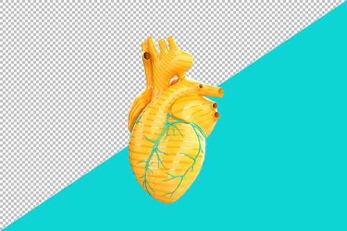 Minimalistic yellow human heart isolated over teal background. 3D Rendering