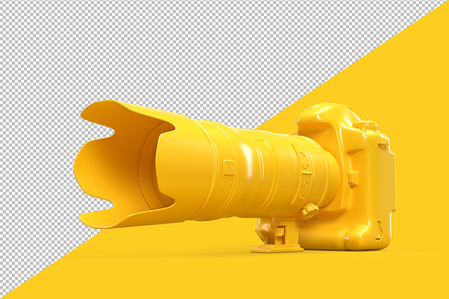 Non-existent Yellow DSLR camera on yellow background. 3D illustration