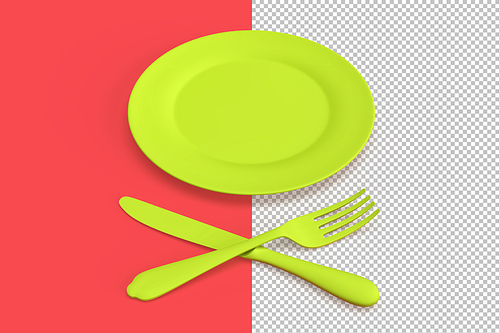 Minimalistic composition with empty plate, knife and fork