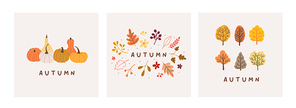 Autumn mood greeting card poster. Welcome fall season thanksgiving invitation. Minimalist postcard nature leaves, trees, pumpkins, abstract shapes. Vector illustration in flat cartoon style