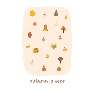 Autumn mood greeting card with tiny trees, pumpkins poster. Welcome fall season thanksgiving invitation. Minimalist postcard nature. Vector illustration in flat cartoon style