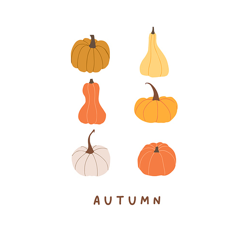 Autumn mood greeting card with cute pumpkins poster. Welcome fall season thanksgiving invitation. Minimalist postcard nature for promo, web banner. Vector illustration in flat cartoon style