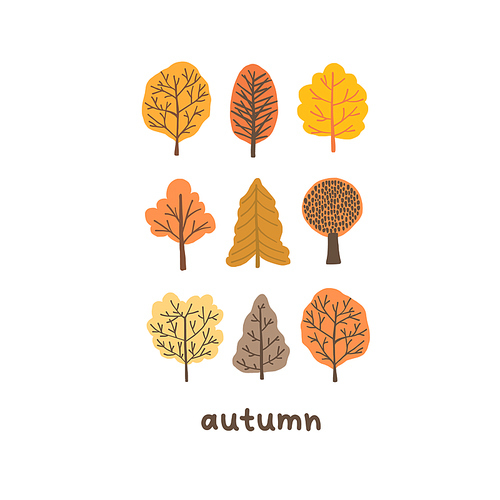 Autumn mood greeting card with tiny cute trees poster. Welcome fall season thanksgiving invitation. Minimalist postcard nature web banner. Vector illustration in flat cartoon style