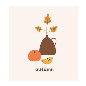 Autumn mood greeting card with vase, leaf, pumpkin poster. Welcome fall season thanksgiving invitation. Minimalist postcard nature for web banner. Vector illustration in flat cartoon style