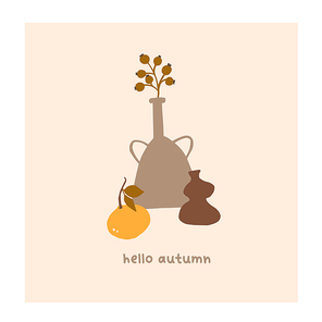 Autumn mood greeting card with vases orange fruit poster. Welcome fall season thanksgiving invitation. Minimalist postcard nature for web banner. Vector illustration in flat cartoon style