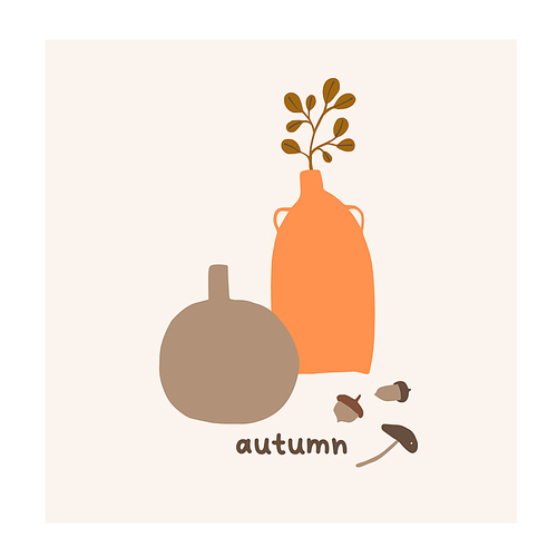 Autumn mood greeting card with vases, leaf, mushroom, acorns poster. Welcome fall season thanksgiving invitation. Minimalist postcard nature banner. Vector illustration in flat cartoon style