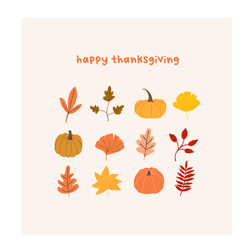 Autumn mood greeting card with cute leaves, pumpkins poster. Welcome fall season happy thanksgiving invitation. Minimalist postcard nature. Vector illustration in flat cartoon style